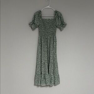 Green Smocked Midi Dress with Square Neckline